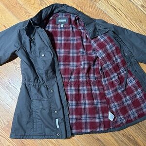 Horney Toad Green Grey zip Jacket with Tartan Red Flannel Lining. EUC. Size L.